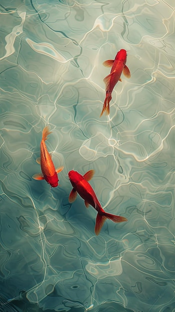 Three goldfish swimming in the water red fish