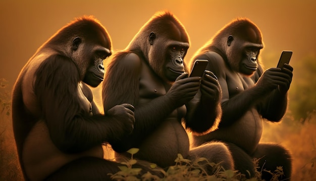 Three gorillas are looking at their phones in a field.