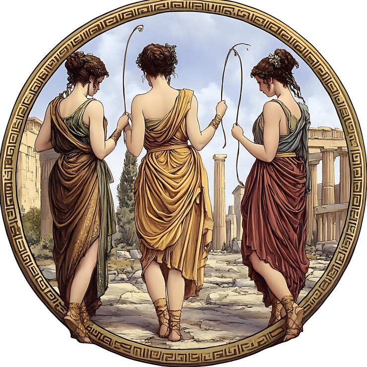 Photo three grecian women walking in an ancient city