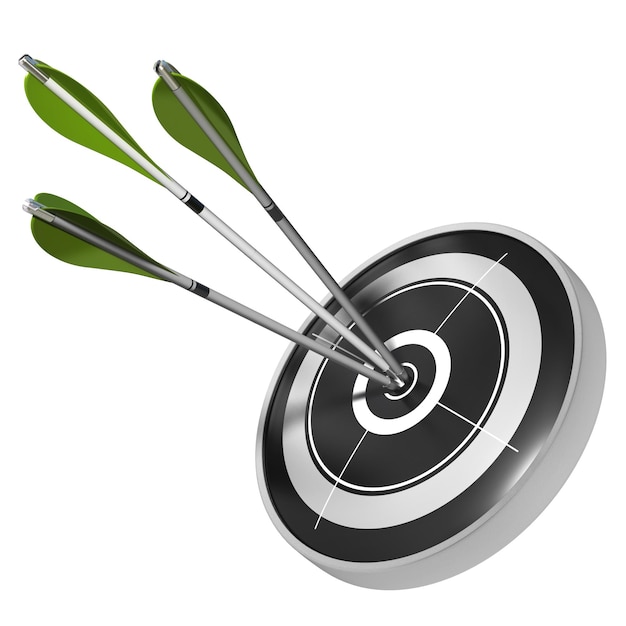 Three green arrows hitting the center of the same black target, 3d render image over white background