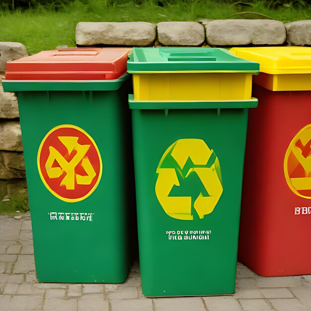 Photo three green bins with yellow and red letters that sayan quot recycle quot