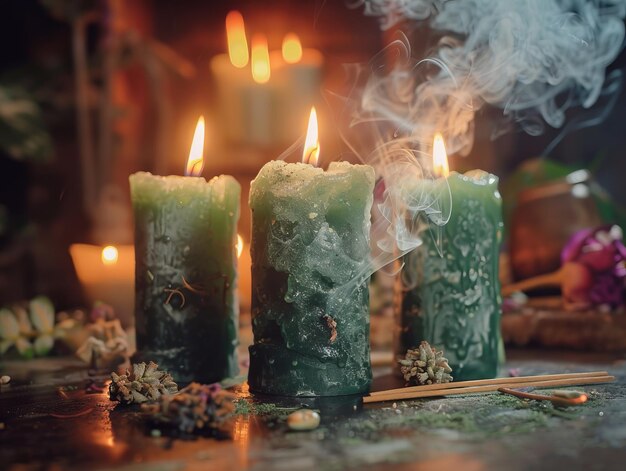 Three green candles with smoke coming out of them