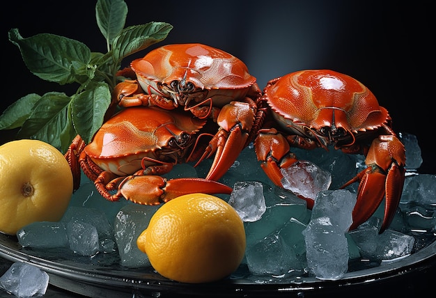 Three Green Crabs on Ice Near Wooden Table