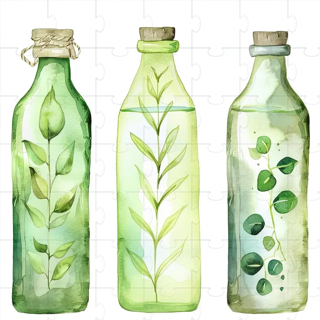 Foto tre bottiglie di vetro verde con foglie dipinte su di loro