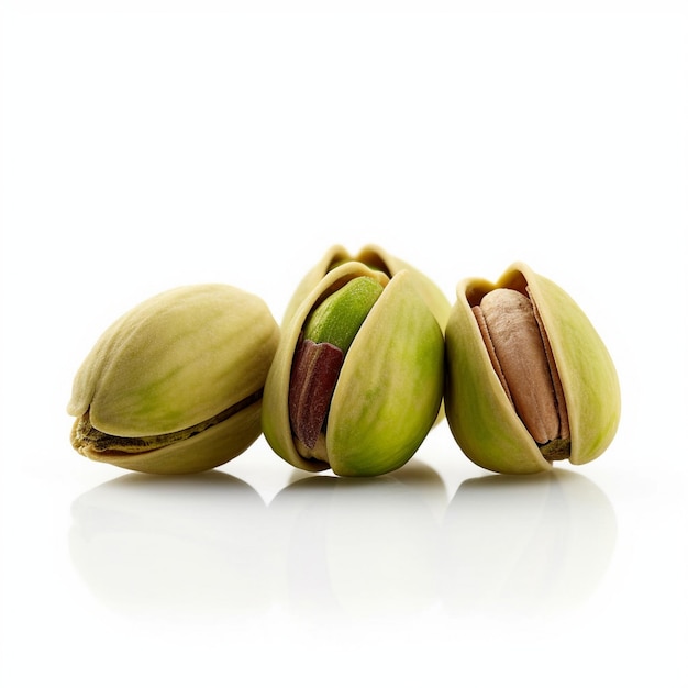 three green nuts with one that has a brown stripe on the inside.