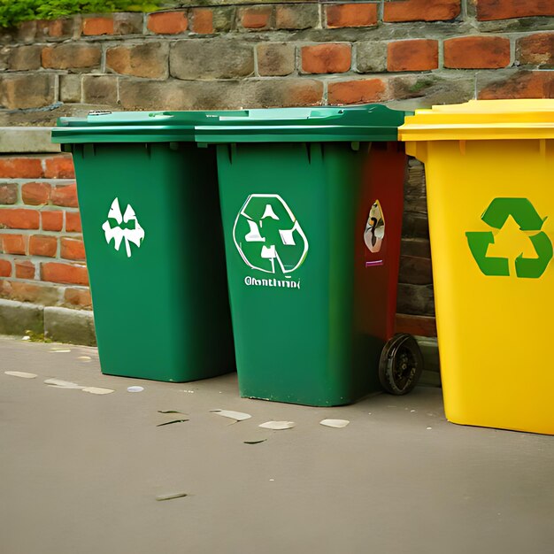 three green recycling bins with one that says recyclable and the other is a recycle bin