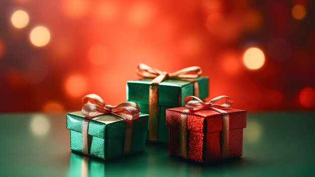 Three green and red gift boxes with gold ribbons on them, one of which says'christmas '