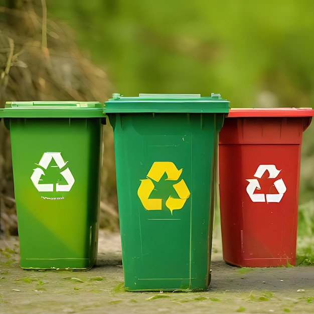 three green and red recycling bins with one that says recycle