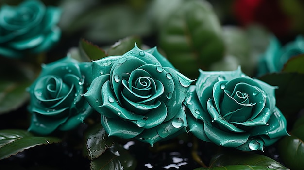 three green roses with water droplets on them