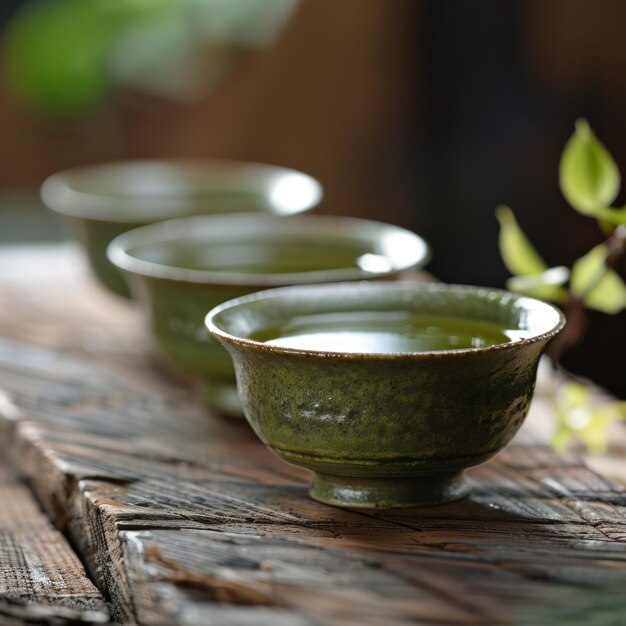 Photo three green tea cups on a wooden table