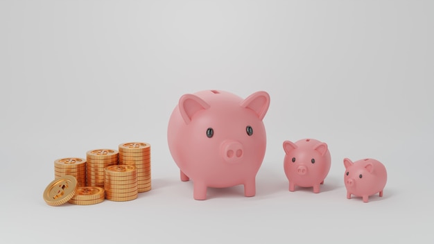 Фото Три растущих розовых копилки и стеки золотых монет, изолированные на белом. экономия денег, 3d