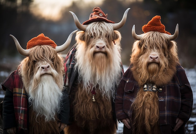 three hairy animals with long hair and hats standing next to each other generative ai