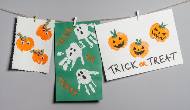 Three Halloween childrens pumpkin apple prints and ghosts handprints drawings hanging on rope on gray wall Handmade DIY