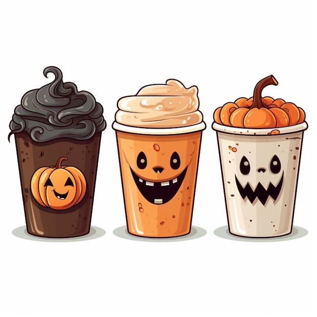 three halloween drinks with faces and pumpkins on them generative ai