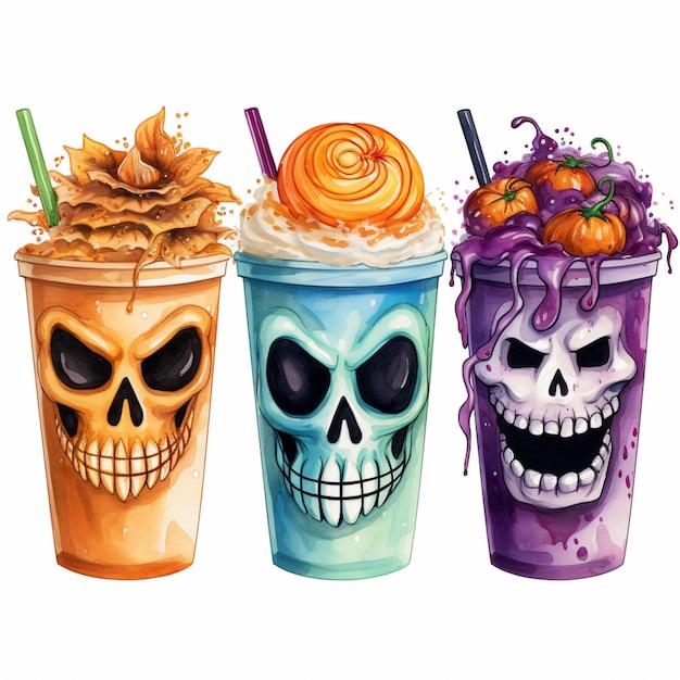 three halloween drinks with skulls and candy on top generative ai