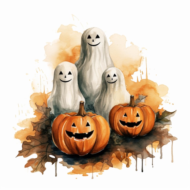 Three halloween ghosts with pumpkins and leaves on a white background generative ai