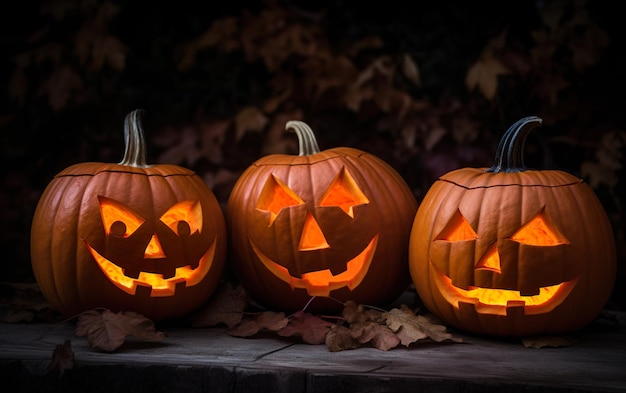 Three halloween Jack Lantern pumpkins AI Generative AI