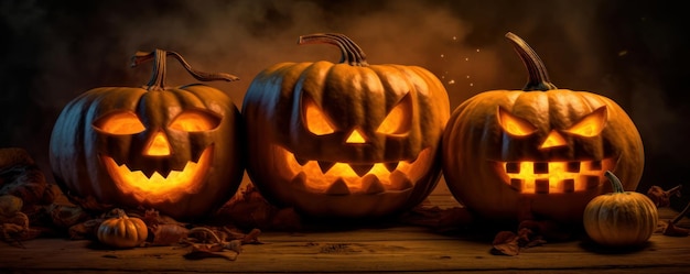 Three halloween Jack O39 Lantern pumpkins Created with generative AI technology