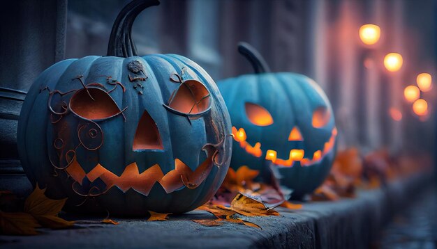 Three halloween pumpkins sitting on a sidewalk.