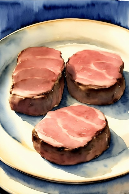 Three Ham Patties On A Plate On A Table