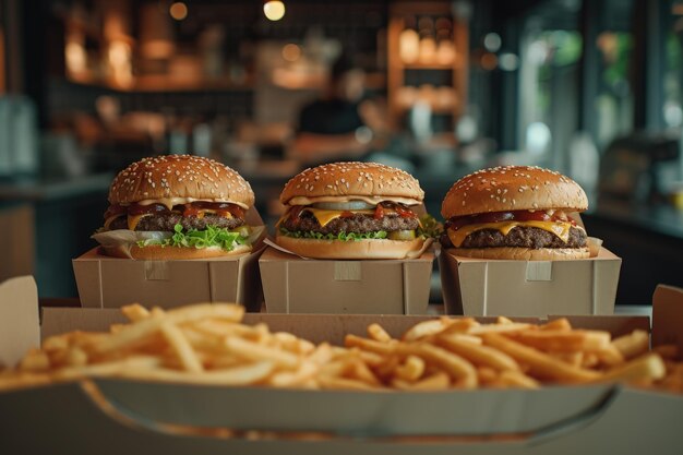 Three Hamburgers With French Fries on a Table