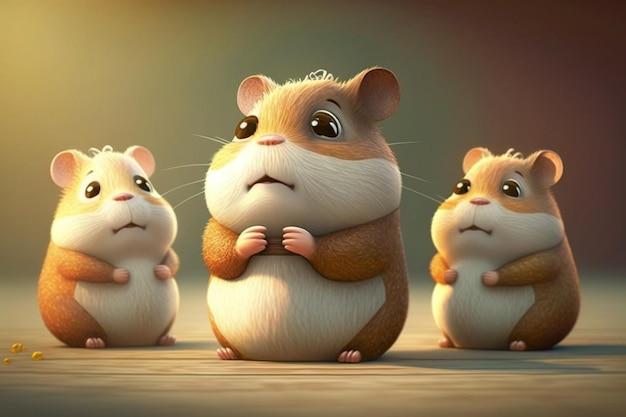 Three hamsters are looking up at the camera.