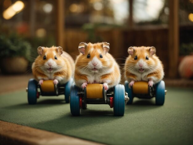 three hamsters are riding on a toy car together on a table