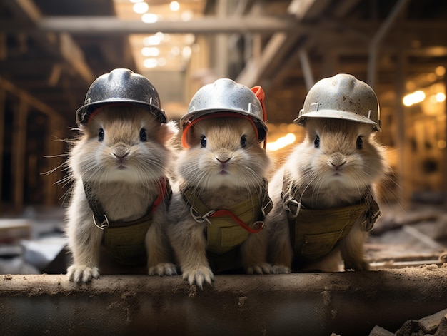 three hamsters wearing helmets sit on a log in a building generative ai