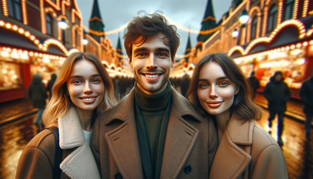 Three happy 26yearold people two women and one 35yearold man walking hand in hand against the