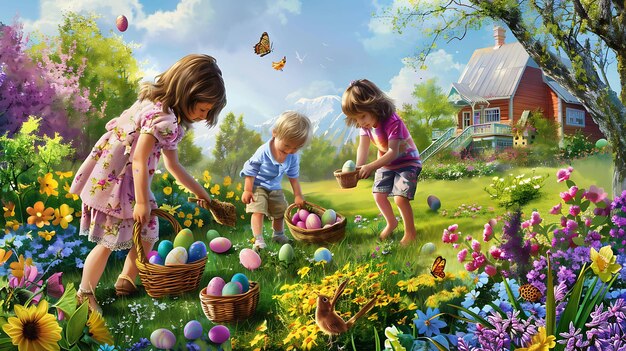 Three happy children are hunting for Easter eggs in a field of flowers They are all wearing colorful clothes and carrying baskets