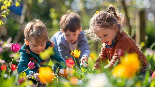 3人の幸せな子供たちがチューリップの畑でイースターエッグを狩っています 彼らはみんな笑顔で楽しんでいます 太陽は明るく輝いています