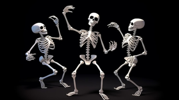 Три счастливых танцующих белых скелета на черном фоне