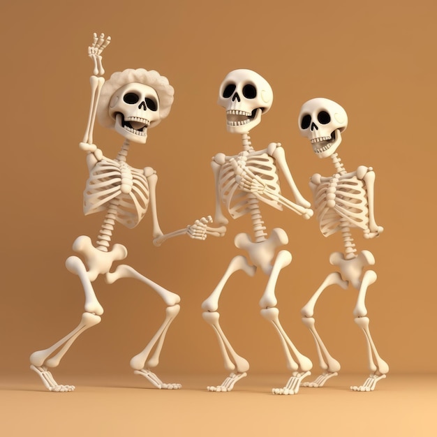 Photo three happy dancing white skeletons on a yellow background