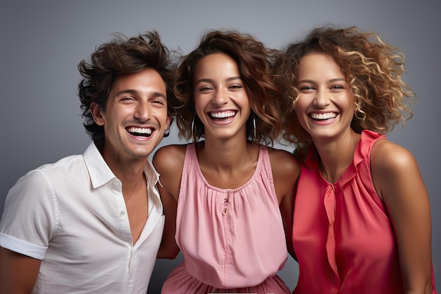 유명인 사진 스타일로 즐기는 세 명의 행복하고 흥분된 친구