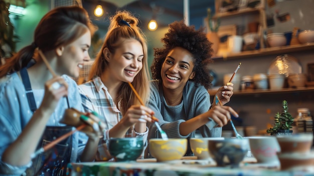 Photo three happy female friends painting pottery in a studio