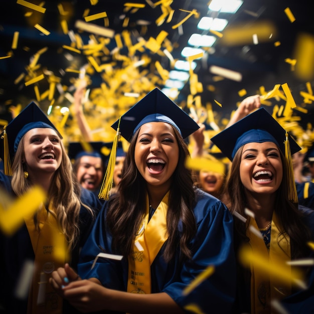 Three happy female graduates in caps and gowns celebrate with confetti falling