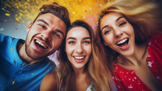 Foto tre amici felici che si divertono insieme