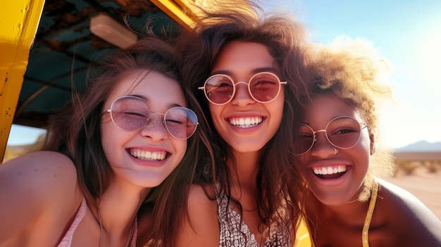 Three happy hipster young girls posing near yellow retro bus on sunny day somewhere in desert