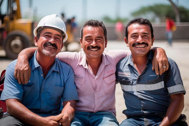 Foto tre felici costruttori latinoamericani che fanno una pausa.