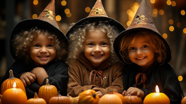 Three happy little witches at a Halloween party celebrating All Saints' Eve AI generated