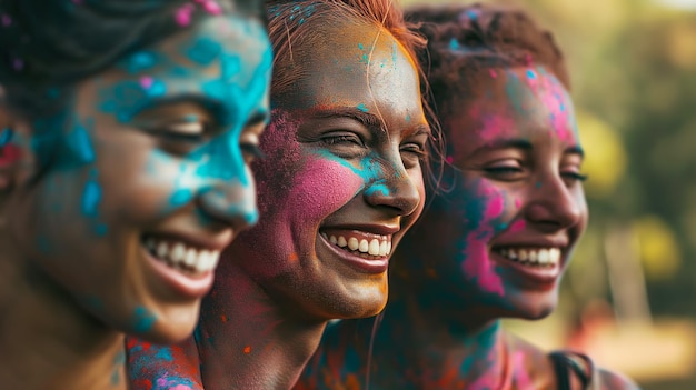 Three Happy multiracial girlfriends with colorful faces celebrating Holi festival of colors