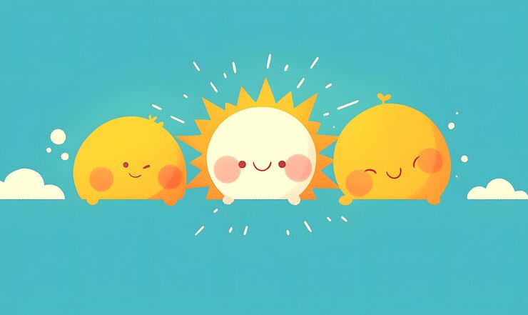 Photo 三个快乐的太阳角色在蓝天中一起微笑