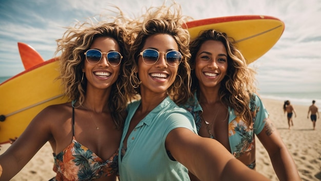 Three happy surfing friends taking a selfie on a fun beach vacation