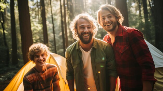 Three happy young men camping in the woods