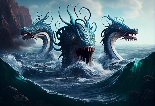 Three head sea monster fantasy 3D illustration digital art landscape wallpaper Generate Ai