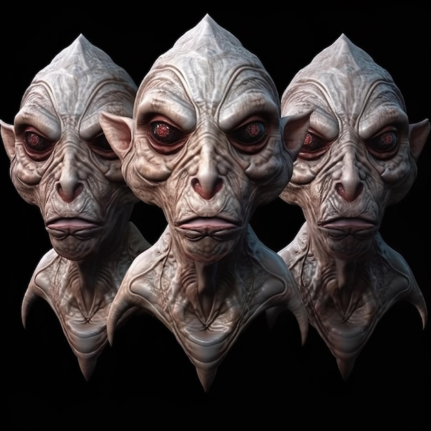 Three heads of creature with a large head and a large red eye.