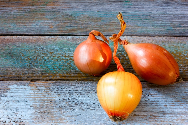 Three heads goldish onions on an old rustic table.