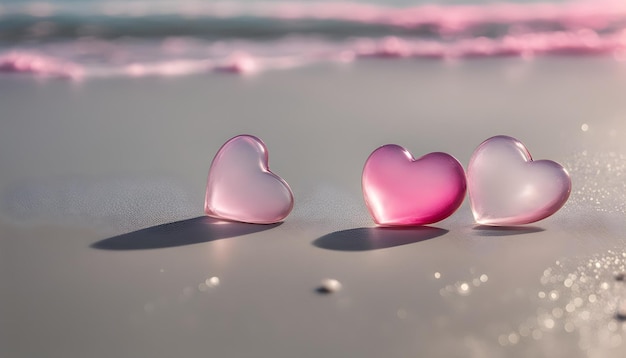 three hearts are on the beach and one is pink