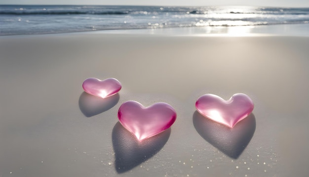 three hearts on the beach with the sun setting behind them