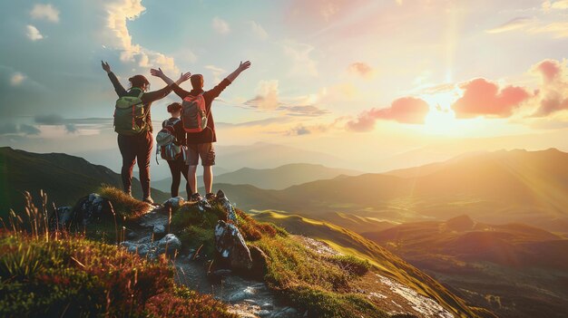 Photo three hikers celebrating their success on reaching the summit of a mountain